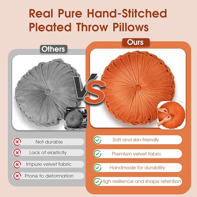 ROSE&RISY Round Pleated Velvet Throw Pillows, 2 Pack Decorative Accent Pumpkin Pillow Cushion for Couch Sofa Bed, Soft Plush Retro Vanity Throw Pillows for Home Decor, 14.5 Inch, Orange