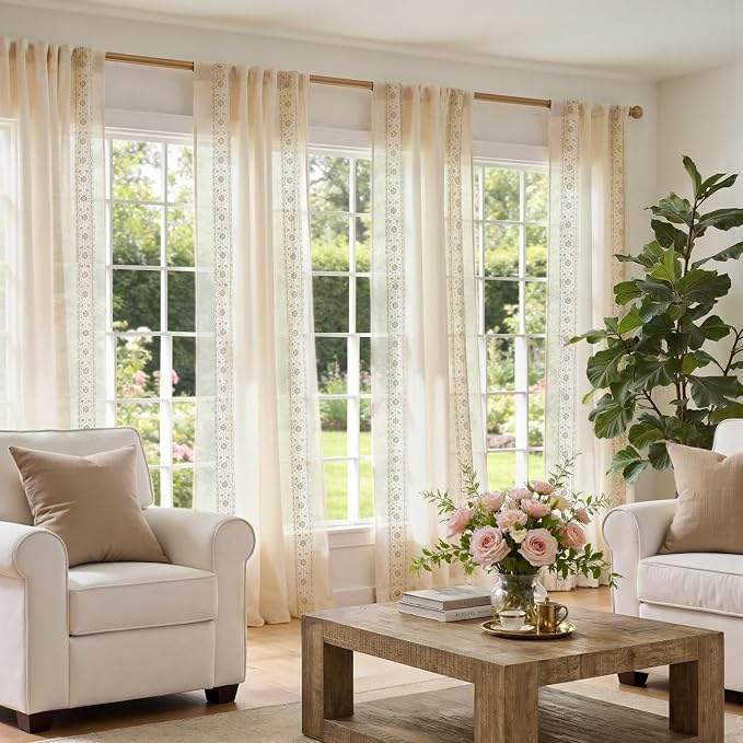 jinchan Weslie Beige Floral Sheer Curtains for Living Room 96 Inch Long Embroidered Voile Farmhouse Linen Curtains for Bedroom Ivory Flower Patterned Cottage Core Window Drapes 2 Panels Ivory on Beige