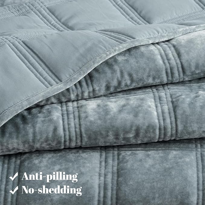 PHF Ultra Soft Velvet Quilt Set King Size – 3PCS Luxurious Cozy Quilted Comforter Alternative with Diamond Pattern, Warm Quilted Bedspread Coverlet, 108" x 92", Dusty Blue