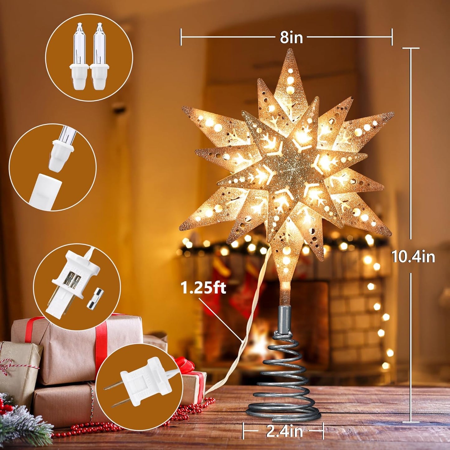 ODEETRONIC Silver Glittered Snowflake Tree Topper, 8 in 3D Christmas Tree Star Topper with 25 Clear Lights, 120V UL Certified Snowflake Tree Toppers, Warm Silver Tree Toppers for Xmas Tree Party Decor