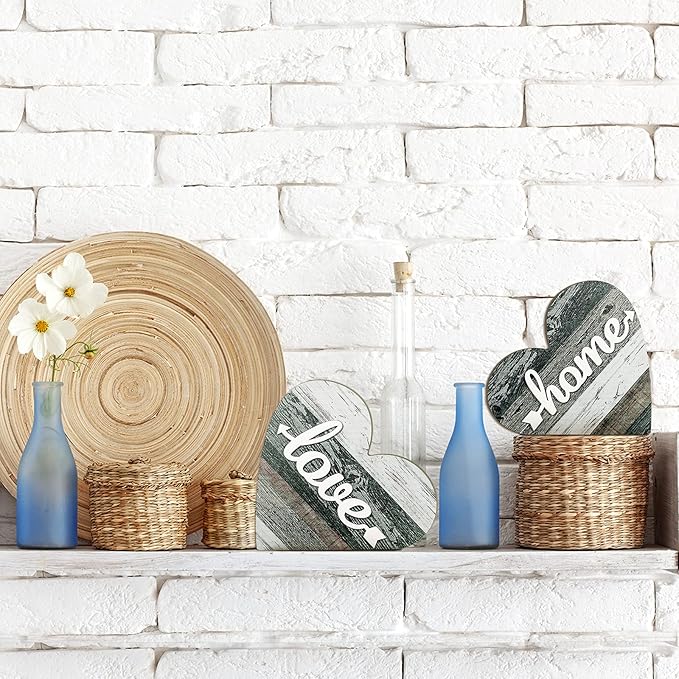 Jetec 2 Pcs Rustic Wooden Heart Table Decor, Daisy Farmhouse Home Decor, Bless This Home & Be Kind Sign for Living Room, Dining Room, Shelf & Mantel, Ideal Housewarming & Birthday Gift(Vintage Style)