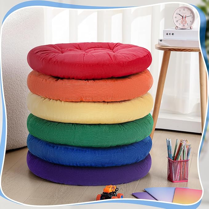 Jerify 6 Pcs Floor Pillow Cushions Large Round Square Large Meditation Floor Pillow for Classroom Adult Meditation Picnic Party Seating Learning Daycare School (Round,Rainbow Color)