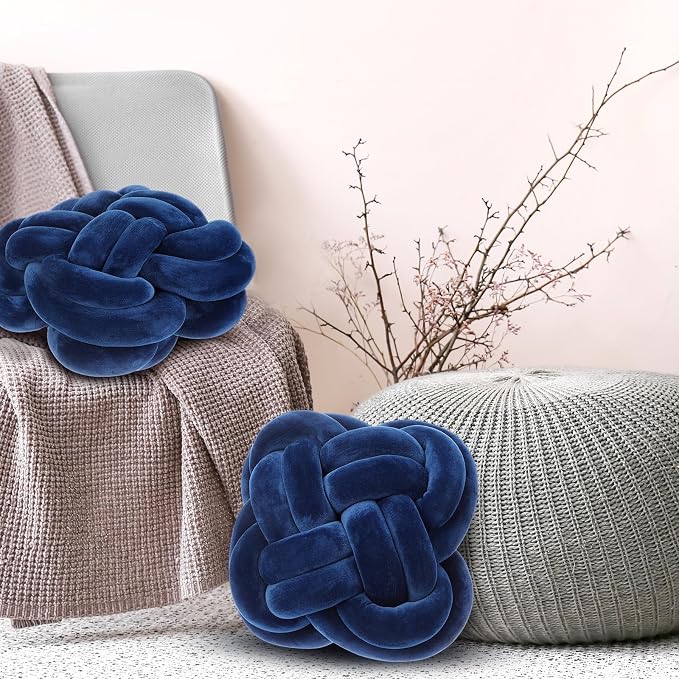 Beeveer 2 Pcs Knot Pillow Balls Set, 12 Inch Soft Decorative Throw Knot Pillow Ball, Large Square Knotted Floor Cushion for Living Room Bedroom Sofa Couch Bed Home Decoration (Navy Blue)