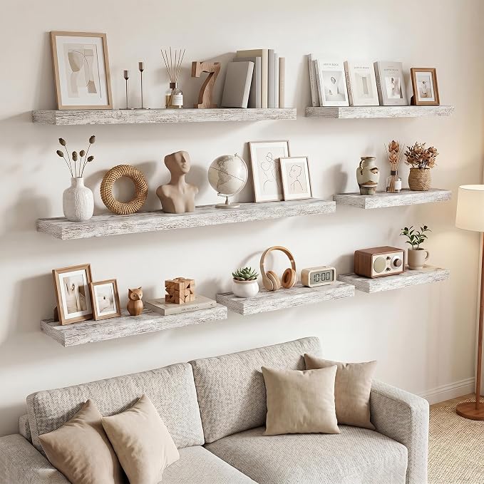 24in Floating Shelves for Wall, 24"W x 9.25"D x 1.25"H, 2 Pack Long Wall Mounted Engineered Wood Shelves with Invisible Brackets for Living Room, Bedroom, Bathroom, Kitchen, Vintage White