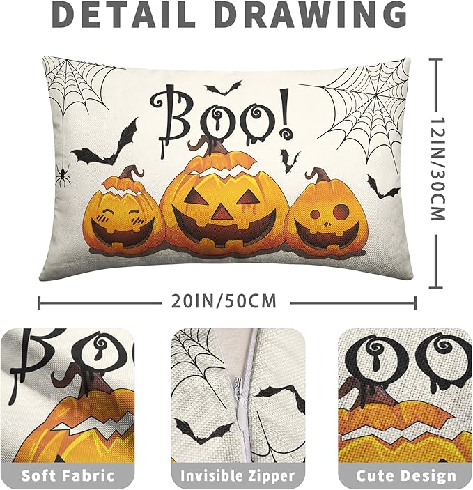 Happy Halloween Lumbar Pillow Covers 12x20 Set of 2 Pumpkin Bat Spider Web Waist Throw Pillow Covers Boo Pillow Halloween Rectangular Pillow Case for Home Decor Couch Outdoor