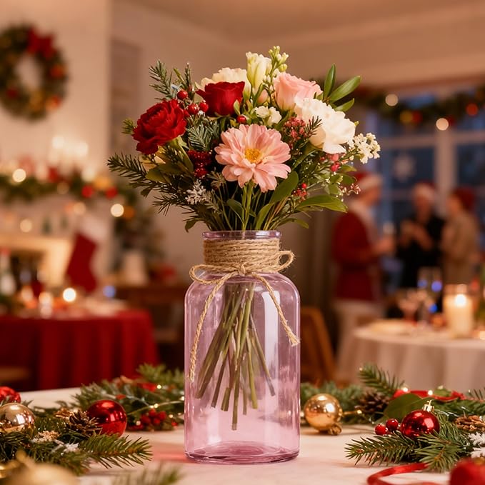 Vintage Glass Flower Vase, Farmhouse Glass Centerpiece Vases Mason Jars for Weddings, Parties & Home Decor Bulk (3, Pink)