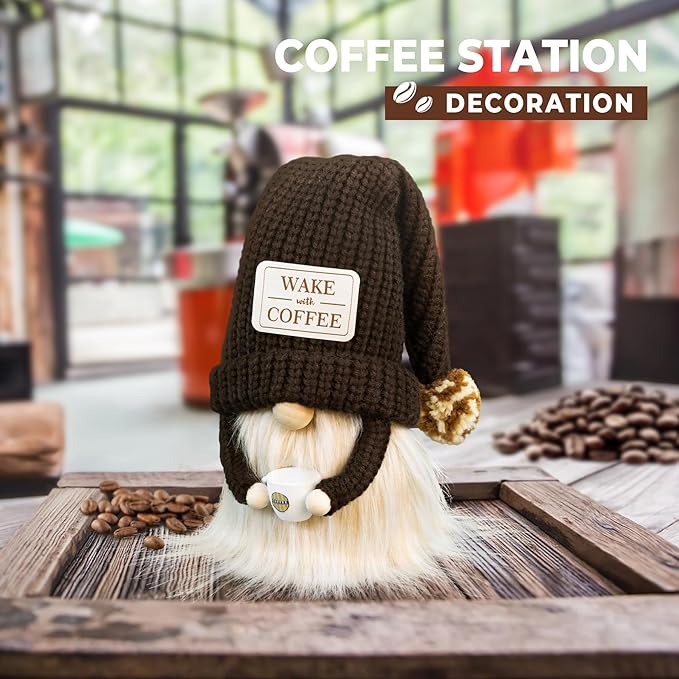 Coffee Gnome - Cute Plush Gnome Holding Cup, Handmade Bar Decor & Accessories, Gift for Coffee Lovers, Swedish Tomte Elf Dwarf for Station, Kitchen, Valentine, Christmas & Home Decorations