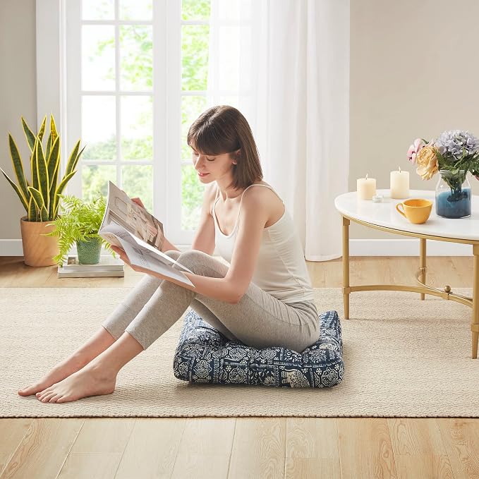 Codi Meditation Floor Pillow Set of 2, Large Pillows Seating for Adults and Teens, Bohemian Cushion for Fireplace Yoga Living Room Sitting, Memory Foam Added, 22x22 Inch Indigo Elephant