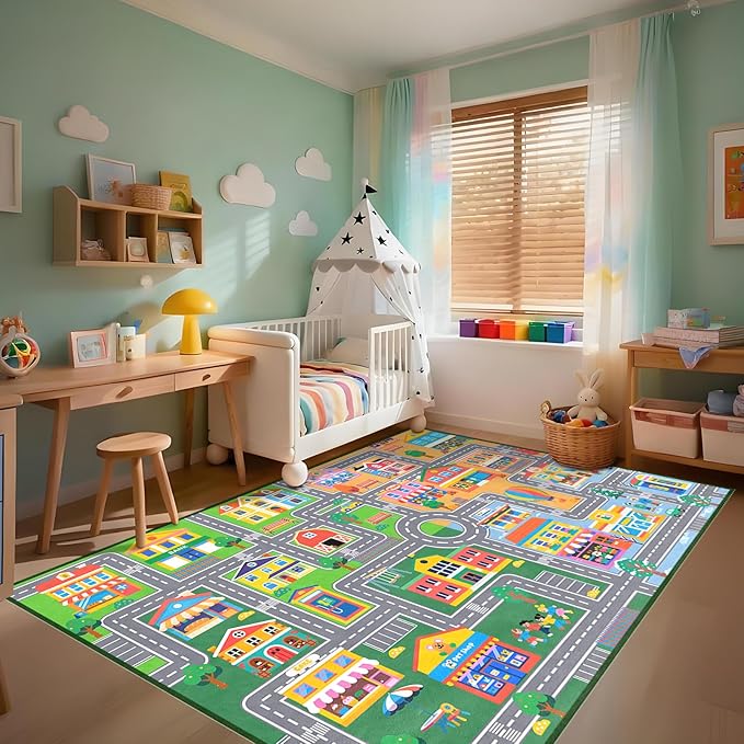 Car Rug Play Mat 4.5 x 6 Feet, Traffic Car Road Rug Educational Learning City Life Kids Rugs for Playroom Nursery Toddler Preschool Bedroom Living Room