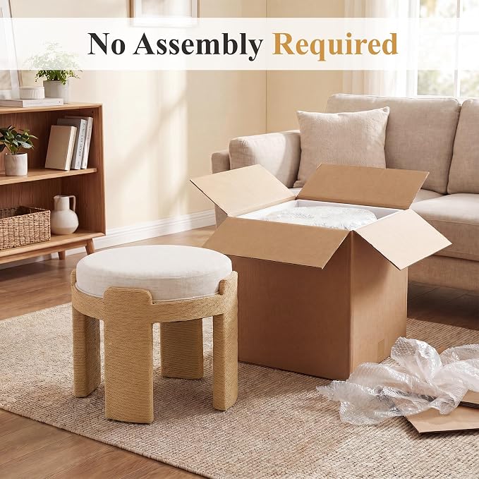 Round Vanity Chair, Boho Hand-Woven Rope Upholstered Accent Foot Stool Ottoman Fully Assembled for Bedroom Living Room Entryway, Beige Linen