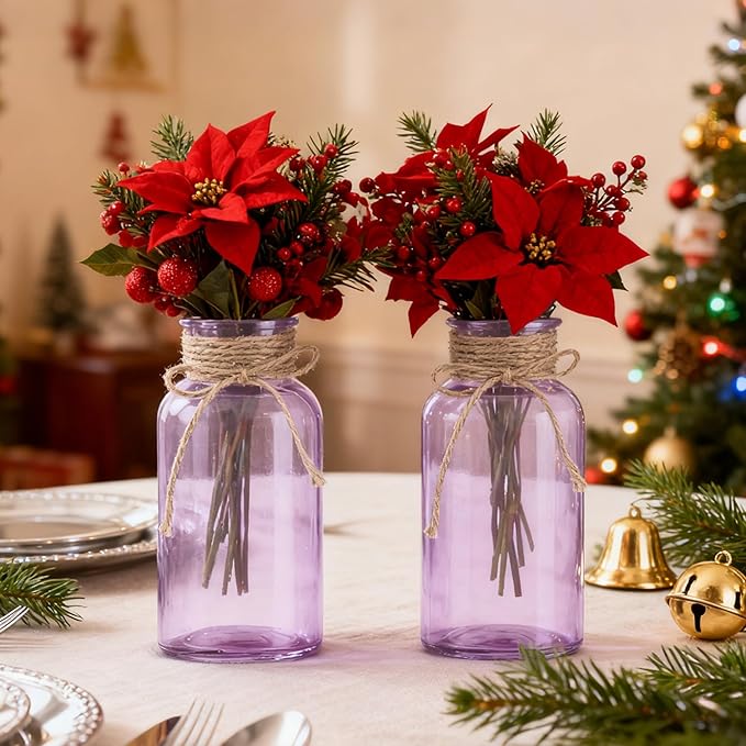 Vintage Glass Flower Vase, Farmhouse Glass Centerpiece Vases Mason Jars for Weddings, Parties & Home Decor Bulk (12, Purple)