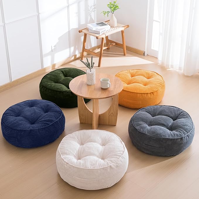 HIGOGOGO 8" Extra Thick Floor Pillow Cushion for Adults, Meditation Cushion Pillow, Large Round Floor Sitting, Tufted Corduroy Cover, for Tatami Living Room or Yoga, 22x22 Inch, 2Pack, Dark Green