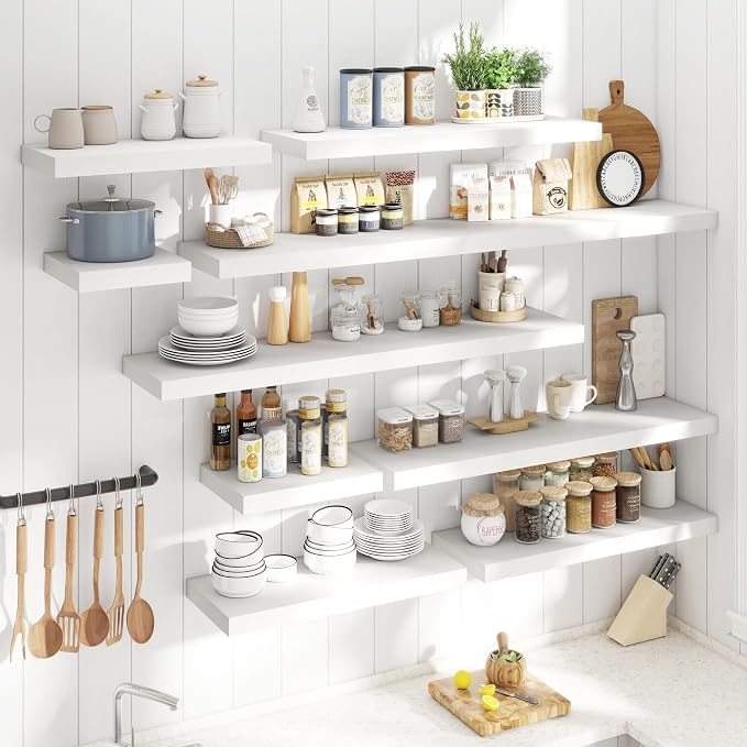 72 Inch Long Floating Shelves for Wall Set of 2, 12"D Wood Grain Bathroom Shelves with Invisible Brackets, Easy Install Engineered Wood Storage Shelves for Kitchen, Living Room, Bedroom, White Finish