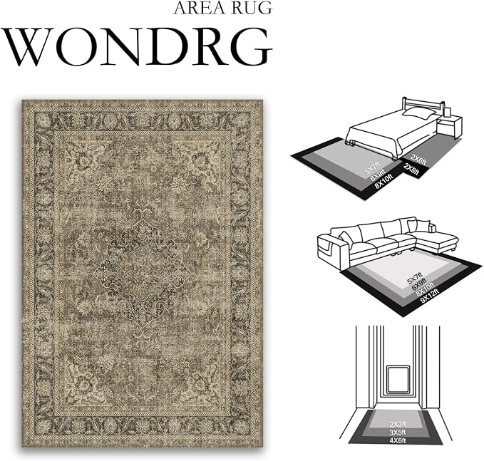 8x10 Washable Brown Area Rug Vintage Living Room Bedroom Carpet Non-Slip Medium Pile Thicker Distressed Indoor Large Throw Rug for Dining Room Office