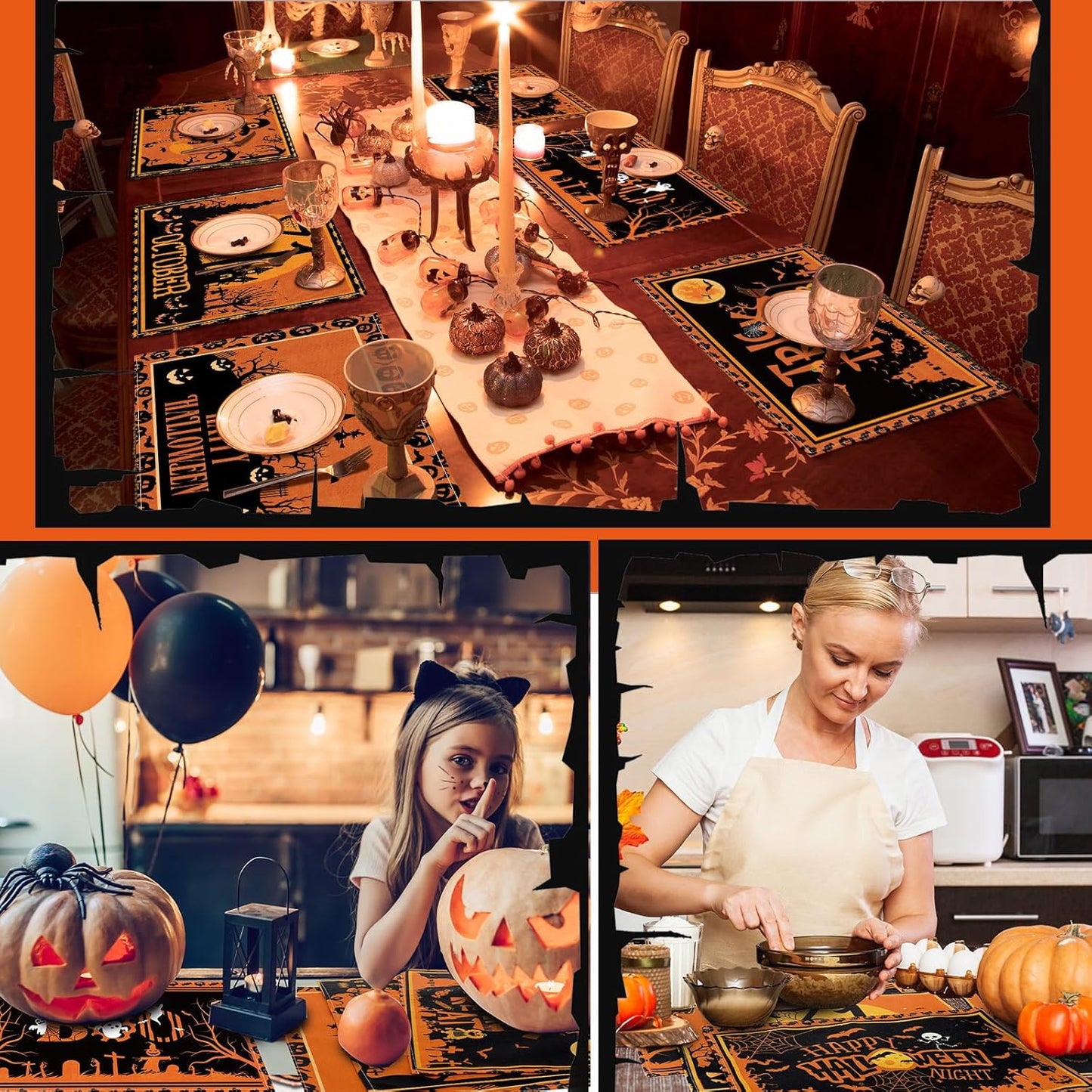 Umigy 6 Pcs Halloween Placemats 12"x18" Gothic Bat Placemats Kitchen Decoration Washable Witch Place Mats Rectangle Skull Table Mats for Halloween Dining Table Accessories(Black Orange Style)