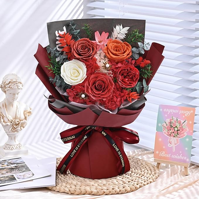 5 Pcs Glitter Red Preserved Roses Flowers Bouquet, Forever Rose Flowers for Delivery, Birthday Gifts for Women, Long-Lasting Red Roses with Vase Gift Box, Forever Flowers for Wife Mothers Day