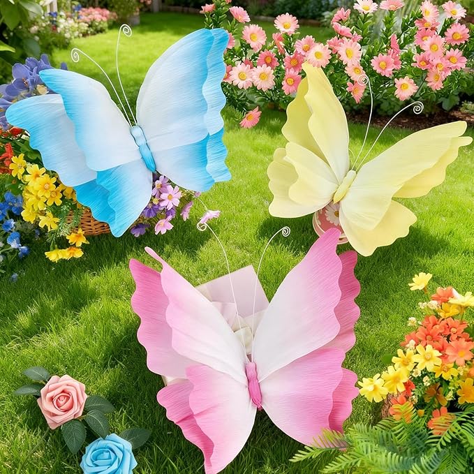 3D Hanging Butterfly Decorations, Butterfly Birthday Party Decorations, 3 Pcs Crepe Paper Butterfly with Soft Gradient Colors, Pink Blue Yellow Hanging Decor for Girls Women, Flower Party Decor