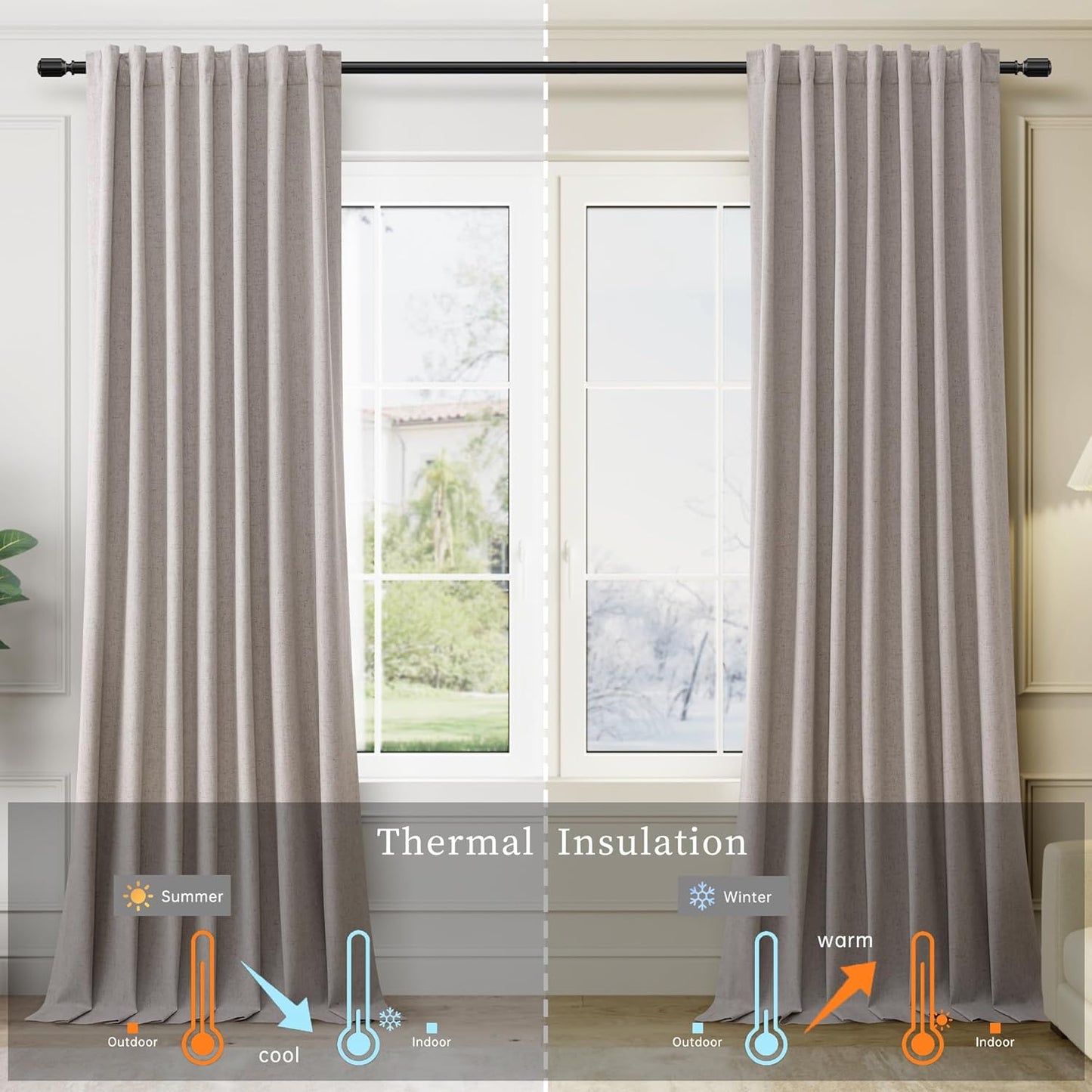 BOODII Room Darkening Curtains 120 Inch Back Tab Thermal Insulated Black Out Linen Drapes Extra Long Blackout Curtains for Patio Door Large Window Ceiling to Floor Light Blocking Brownish Grey 52x120