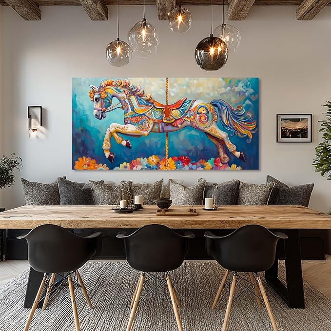 Ggaafet Colorful Carousel Wall Art for Living Room Canvas Oil Painting Prints Beautiful Circus Horse Art Deco Modern Artwork Office Bedroom Family Dining Room Decor Extra Large