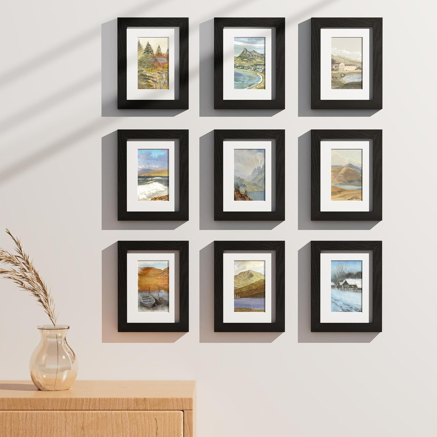 Vittanly 6x8 Picture Frames Set of 9, Shatter Resistant Plexiglass, Display 4x6 Pictures with Mat or 6x8 without Mat, Photo Frames for Wall or Tabletop, Engineered Wood, Black