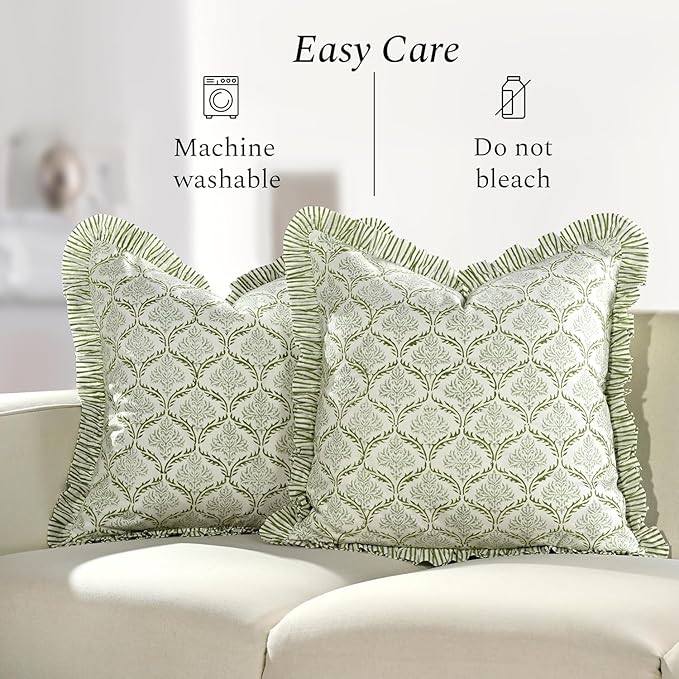 CPC Fern Regal Hand Block Print 100% Cotton Ruffle Throw Pillow Cover 18x18 inch with Hidden Zipper Decorative for Couch, Bed, Sofa, Farmhouse, Cottagecore Decor Gift Christmas Fall Thanksgiving
