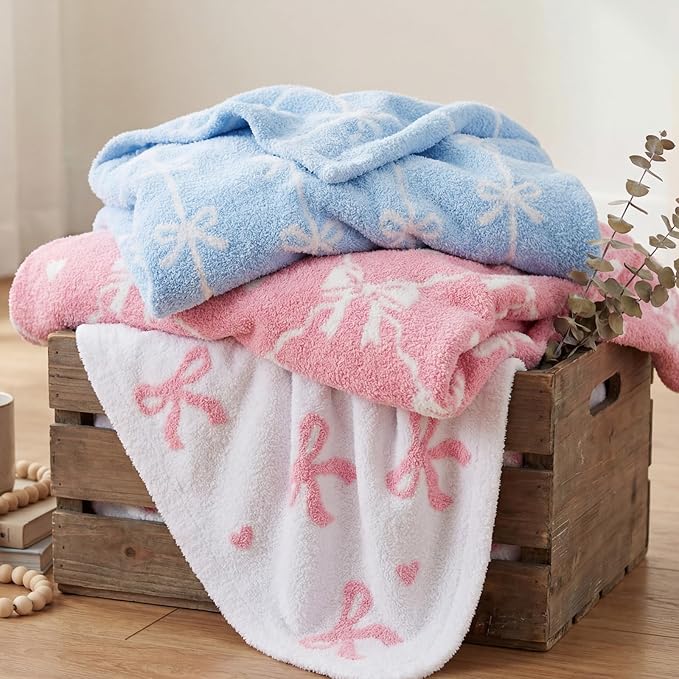 WRENSONGE Soft Throw Blanket for Couch-Cozy Reversible Knitted Blankets | Lightweight Warm Fluffy Decor for Women, Mom, Her & Girls, Sofa, Chair, Bed, 50x60in, Blue Bow