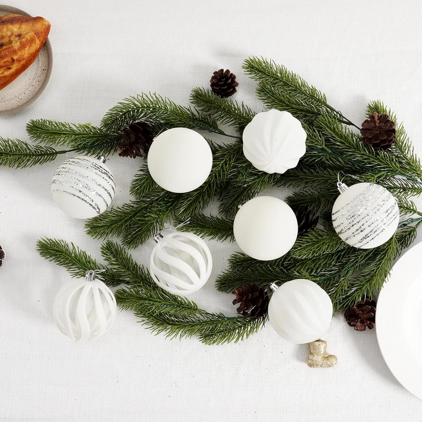 Christmas Ornaments Set of 12, 3.15" Flocked Velvet Balls with Hand Painted Designs, White Elegant Christmas Tree Decorations in Gift Box