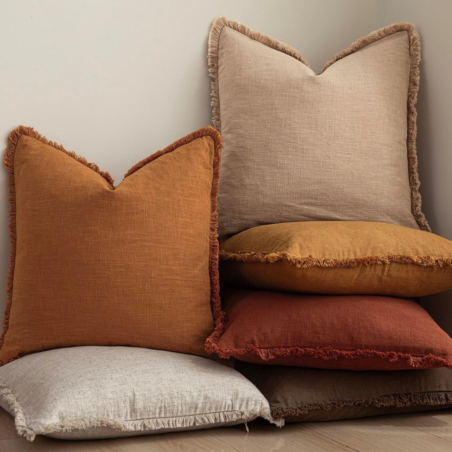 Foindtower Set of 2 Decorative Linen Fringe Throw Pillow Covers Cozy Boho Farmhouse Cushion Cover with Tassels Soft Accent Pillowcase for Couch Sofa Bed Living Room Home Decor, 20×20 Inch, Orange