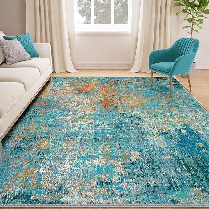 RELEANY Washable Area Rugs 5'x8' Non-Slip Modern Abstract Soft for Living Room Entryway Bedroom Nursery, Print Pattern, Teal Blue Green Orange Rust Red Colorful