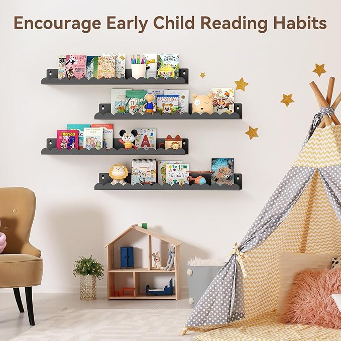 Floating Shelves for Wall, 23 Inch Metal Nursery Book Shelves 4 Pack, Wall Mounted Book Shelf for Kids Room, Bedroom, Bathroom, Playroom Decor (Black)