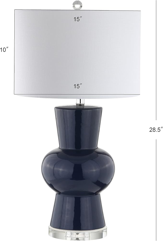 JONATHAN Y 28.5" Navy Ceramic Table Lamp for Living Room Bedroom Nightstand, Modern Hourglass LED Bedside Lamp with Crystal Base and Linen Shade (JYL4027B)