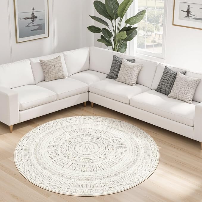 cotiled 5x5 Round Area Rug Living Room: Washable Boho Rugs with Non Slip Backing Large Soft Indoor Stain Resistant Carpet for Bedroom Farmhouse Dining Room Lightweight Home Decor L Brown/Cream