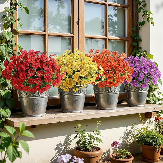 Alupssuc 20 Bundles Artificial Flowers for Outdoor Indoor Decoration, UV Resistant No Fade Fake Plants Eucalyptus, Colorful Faux Spring Flowers for Outside Yard Porch Patio Garden Home Window Box