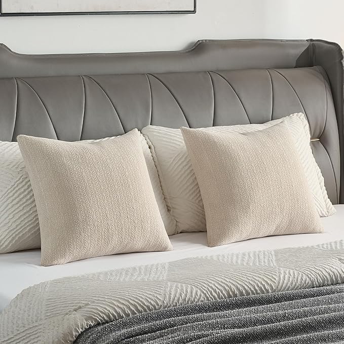 FUTEI Beige Chenille Throw Pillow Covers 16x16 Inch Set of 2,Soft Striped & Diamond Textured Cushion Cases,Modern Home Decor for Couch Living Room