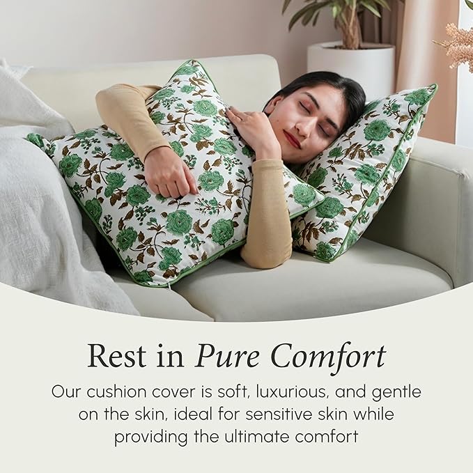 CPC 100% Cotton Throw Pillow Covers 20x20 Inch, Set of 2 Green Block Print Pattern Couch Pillow, Cute Boho Decorative Pillows for Living Room, Bedroom with Hidden Zipper- Moss Green