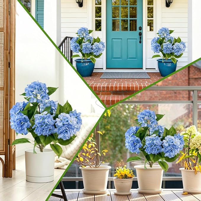 2 Pcs Artificial Hydrangea Tree 2ft Fake Potted Tree with Blue 3D Printed Petals, Realistic Faux Hydrangea Plant in Pot for Front Porch Entryway Indoor Outdoor Home Office Decor