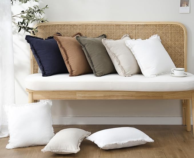 Foindtower Set of 2 Decorative Linen Fringe Throw Pillow Covers Cozy Boho Farmhouse Cushion Cover with Tassels Soft Accent Pillowcase for Couch Sofa Bed Living Room Home Decor,22×22 Inch,White