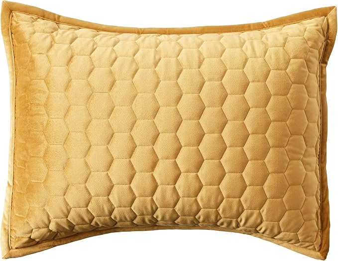 Tribeca Living Lugano Oversized Velvet Quilt Set - All Season, Extra Large, 3 Piece King Size Comforter Set with 2 Pillow Shams in Gold Honeycomb Pattern 260GSM