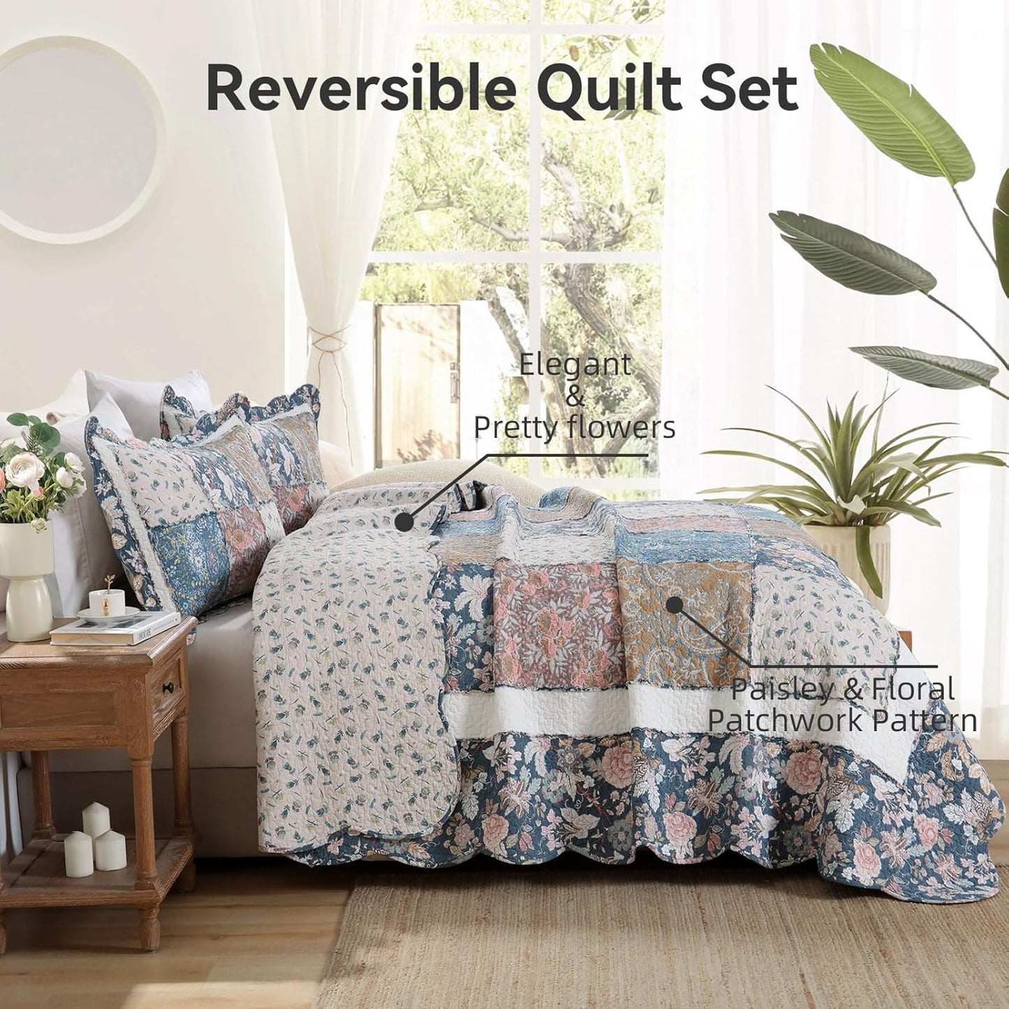 Yvooxny 3-Piece Quilt Set King Size Quilted Bedspread Reversible Country Style Blue Floral Paisley Real Patchwork Bedding Quilt Set with Ruffles with Pillowcases for All Seasons, 108 * 96 Inches
