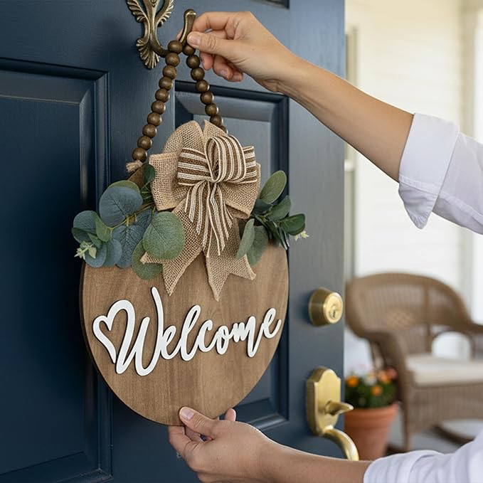 CondorPasea 12 Inch 3D Welcome Sign for Front Door, Round Wooden Welcome Door Sign with Artificial Greenery, Buffalo Plaid Bow & Rustic Beads, Farmhouse Porch Home Decor Gift