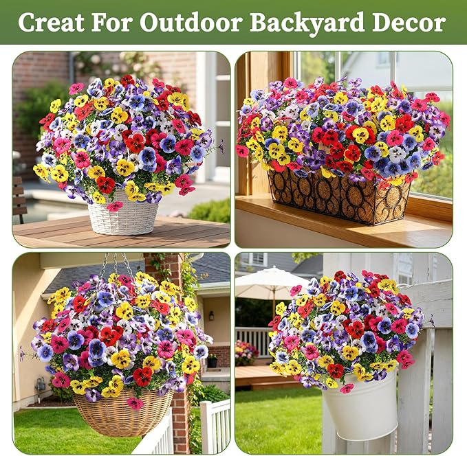 Alupssuc 24 Bundles Artificial Flowers for Outdoors, Fake Spring Flowers for Decoration, UV Resistant Realistic Pansies with Eucalyptus Silk Faux Flowers for Porch Patio Yard, 6 Mix Colors