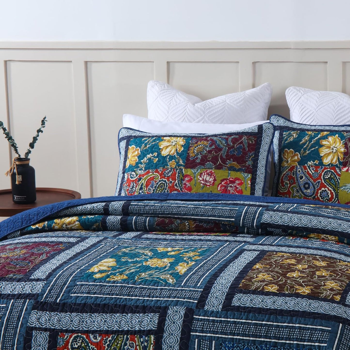 Secgo Queen Comforter Set for Bed - 100% Cotton Quilts Queen Size, Burgundy Bedspreads (90 * 98 Inch) with 2 Pillow Shams, Patchwork Reversible Lightweight Bedding