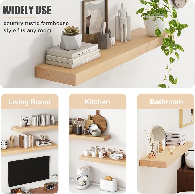 Floating Shelves for Wall, USA-Sourced Beech Wood 32 Inch Wall Shelves Set of 2, Natural Wooden Mounted Picture Ledge Shelf, Nursery Book Storage Shelf Kids Bookshelf Display, Shelf for Bathroom