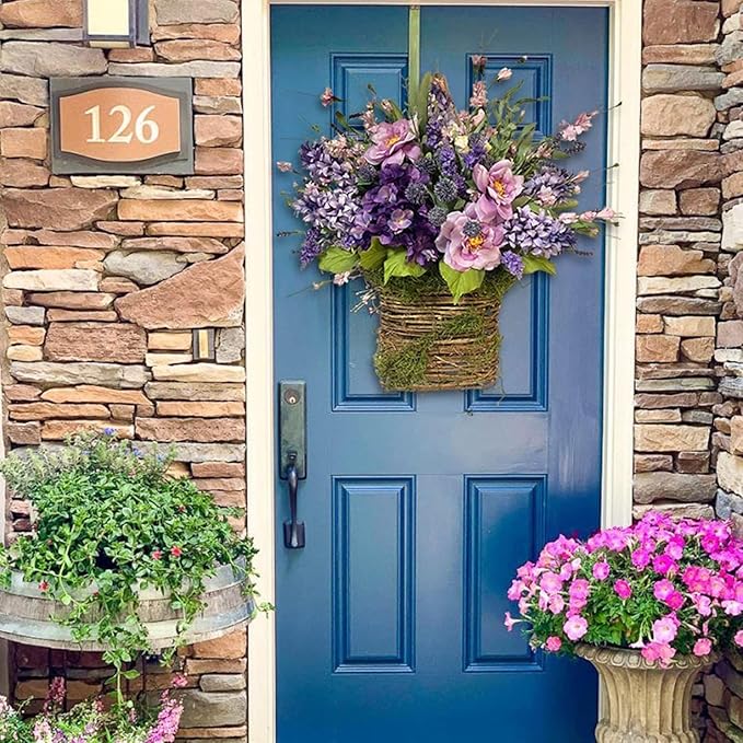 2026 Cream Hydrangea Door Hanger Basket Wreath, Spring Summer Wreaths for Front Door Wildflowers Front Door Basket Wreath Artificial Flower Hanging Basket for Home Farmhouse Seasonal Decor (B)