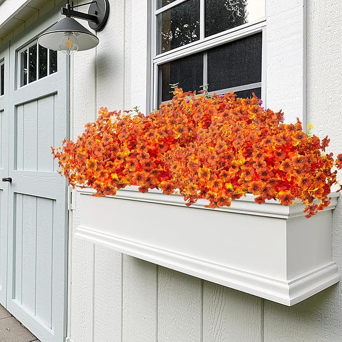 Grunyia 16 Bundles Artificial Fall Flowers for Outdoors Fake Plants UV Resistant Plastic Plants Shrubs Bushes for Home Fall Front Door Porch Garden Autumn Decor (Fall Orange)