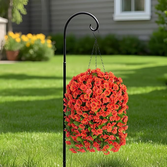 Ammyoo Artificial Faux Hanging Flowers Basket for Fall Outdoor Porch Decor, Fake Silk Colorful Morning Glory Eucalyptus in Planter UV Resistant Look Real for Home Balcony Yard(Orange)