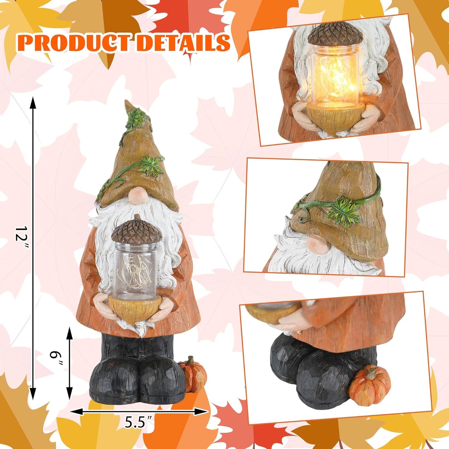 Topadorn Fall Garden Gnome Statue Light, Autumn Harvest Gnome Figurine with Pine Cone on Hand for Fall Harvest Party Thanks, Autumn Thanksgving Gifts for Famliy