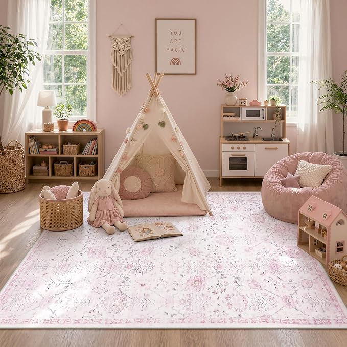 Lahome Flavie Nursery Rug 5x7, Soft Kids Rugs for Cozy Bedroom, Washable Boho Purple Carpet for Toddlers Girls Room, Non Shedding Non Slip Pastel Floral Print Thin Simple Carpets