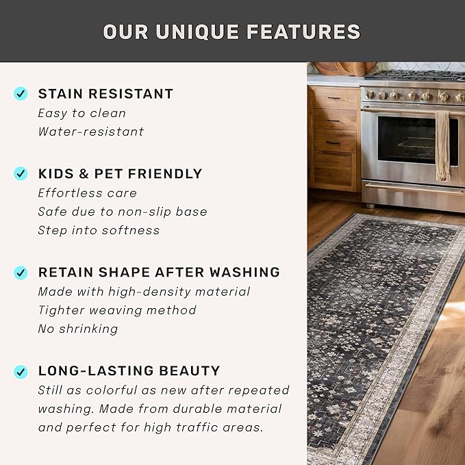 Hazo Haus Black Boho Washable 3x10 Extra Long Hallway Runner Rug, Waterproof Large Kitchen Floor Rug Indoor, Non-Slip Stain & Fade Resistant, Vintage Floral Decor