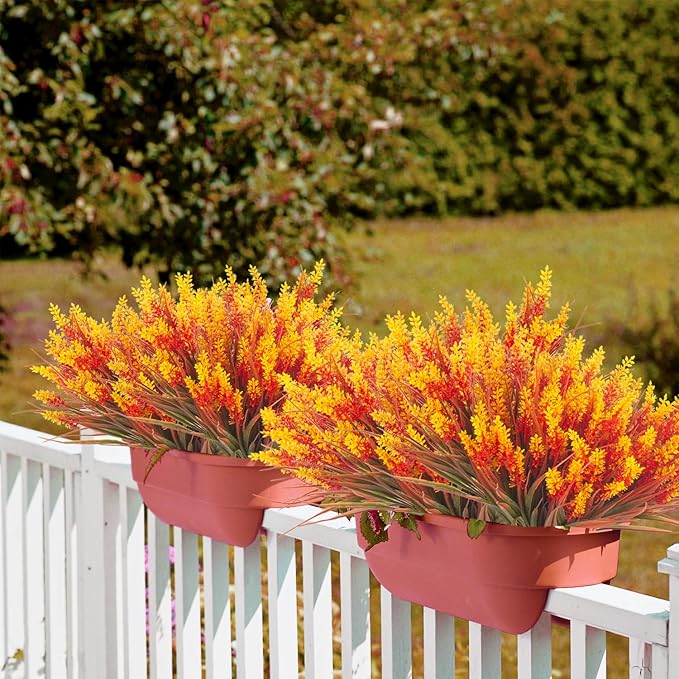 Grunyia 20 Bundles Artificial Plants Outdoor Fake Monkey Grass with Flowers (Fall Red)